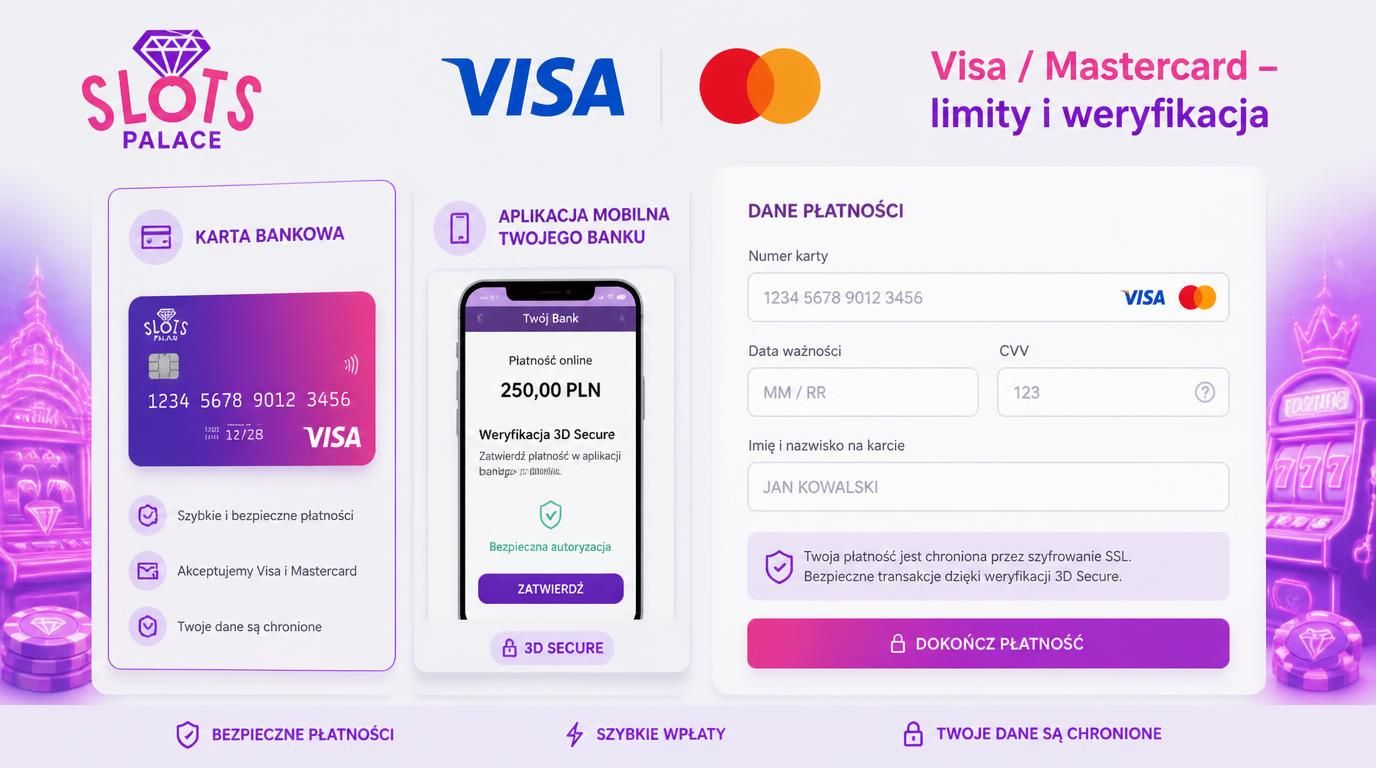 Wizual przedstawiający opcję płatności kartą Visa i Mastercard, z uwzględnieniem zabezpieczeń jak 3D Secure.