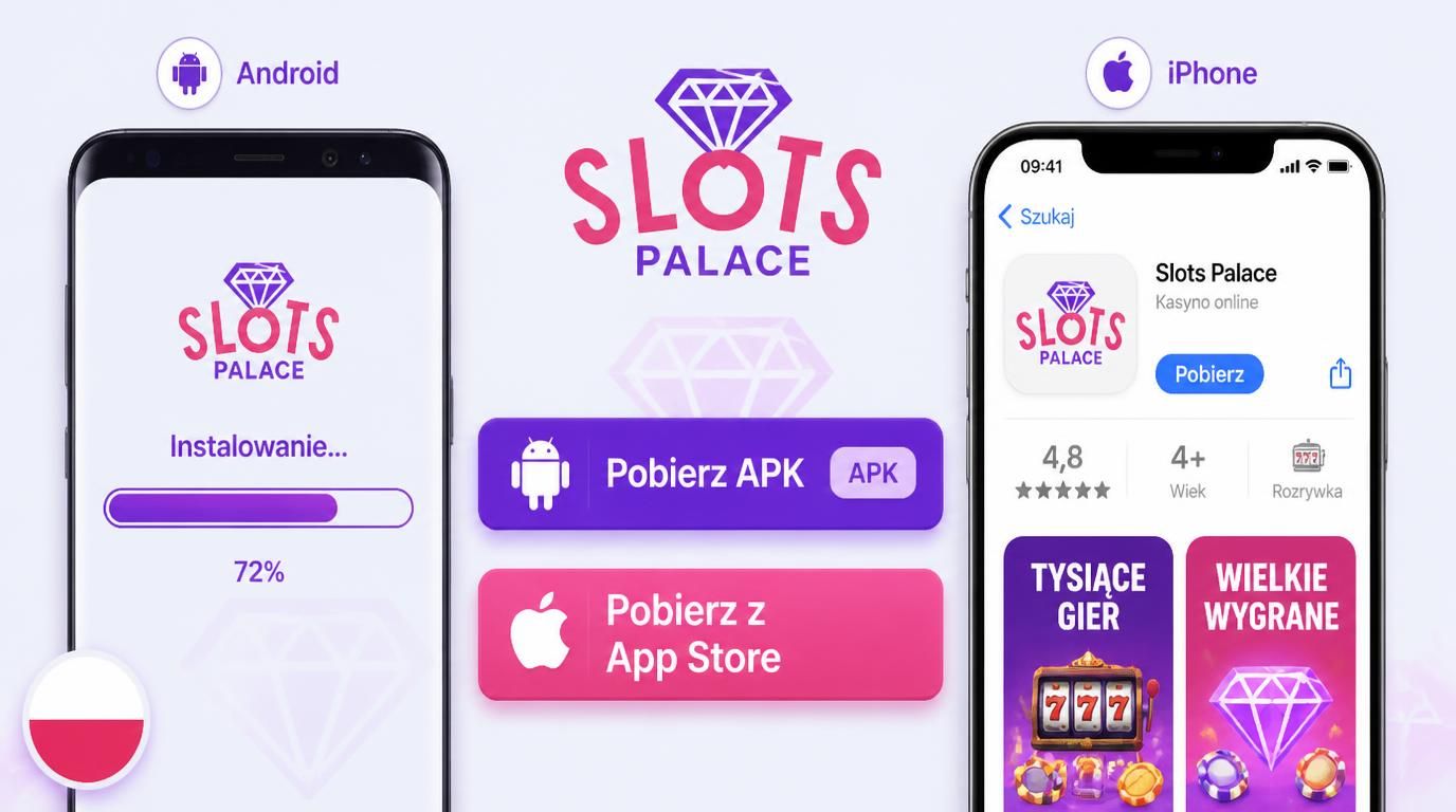 Ekran instalacji aplikacji Slots Palace Casino na Androidzie i iPhonie.