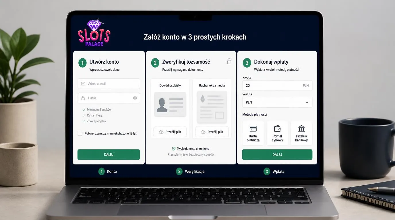 Panel rejestracji, przesyłania dokumentów KYC i pierwszej wpłaty w PLN na ekranie laptopa