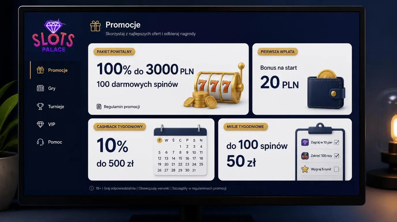 Panel promocji kasyna z bonusem powitalnym, depozytem 20 PLN, cashbackiem i cotygodniowymi misjami